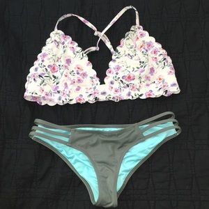 white and green floral bikini set